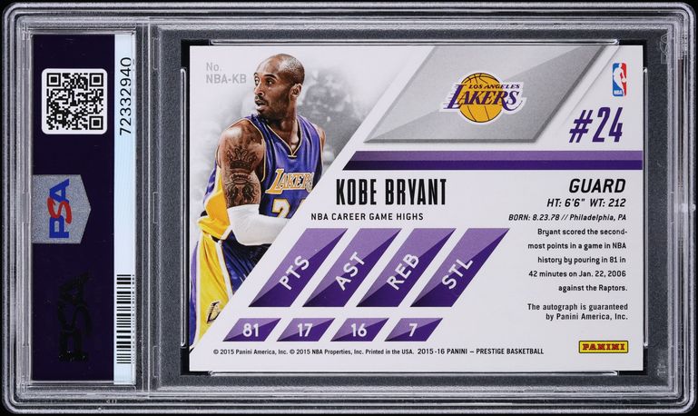 2015 Panini Prestige Stars Of The NBA Kobe Bryant AUTO /25 #KB PSA 10 GEM MINT - Photo 2