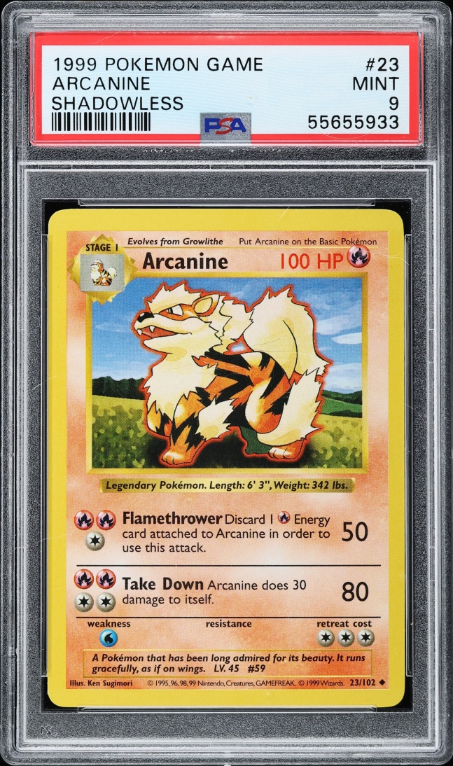 1999 Pokemon Base Set Shadowless Arcanine #23 PSA 9 MINT