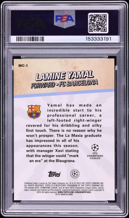 2023 Topps Merlin UEFA Club Competitions Chosen Ones Lamine Yamal ROOKIE #MC-1 PSA 10 GEM MINT