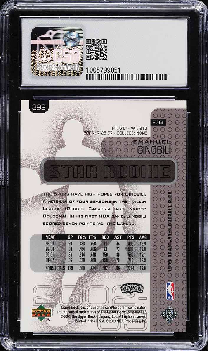 2002 Upper Deck Basketball Manu Ginobili ROOKIE #392 CSG 9 MINT