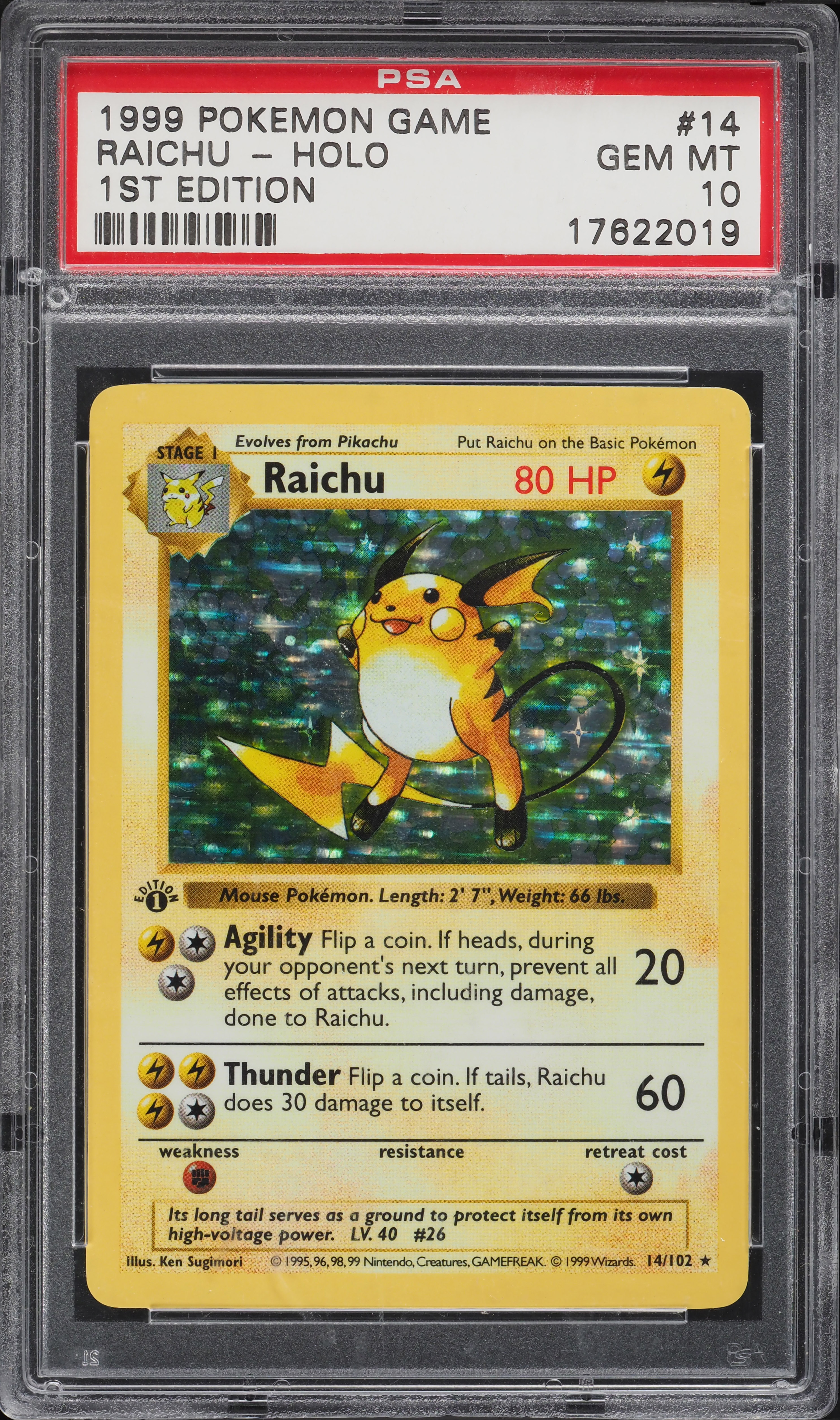 1999 Pokemon Base Set Shadowless 1st Edition Holo Raichu #14 PSA 10 GEM MINT