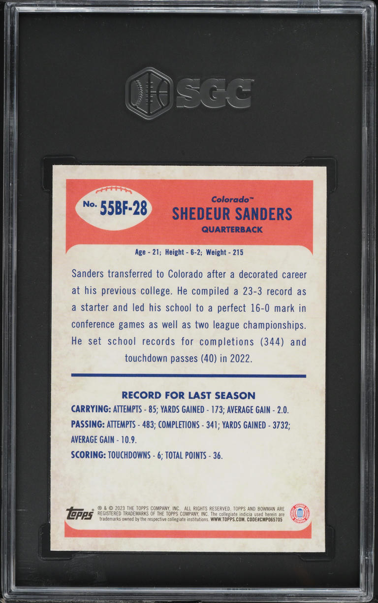 2023 Bowman Chrome University '55 Shedeur Sanders ROOKIE #55BF-28 SGC 10 GEM