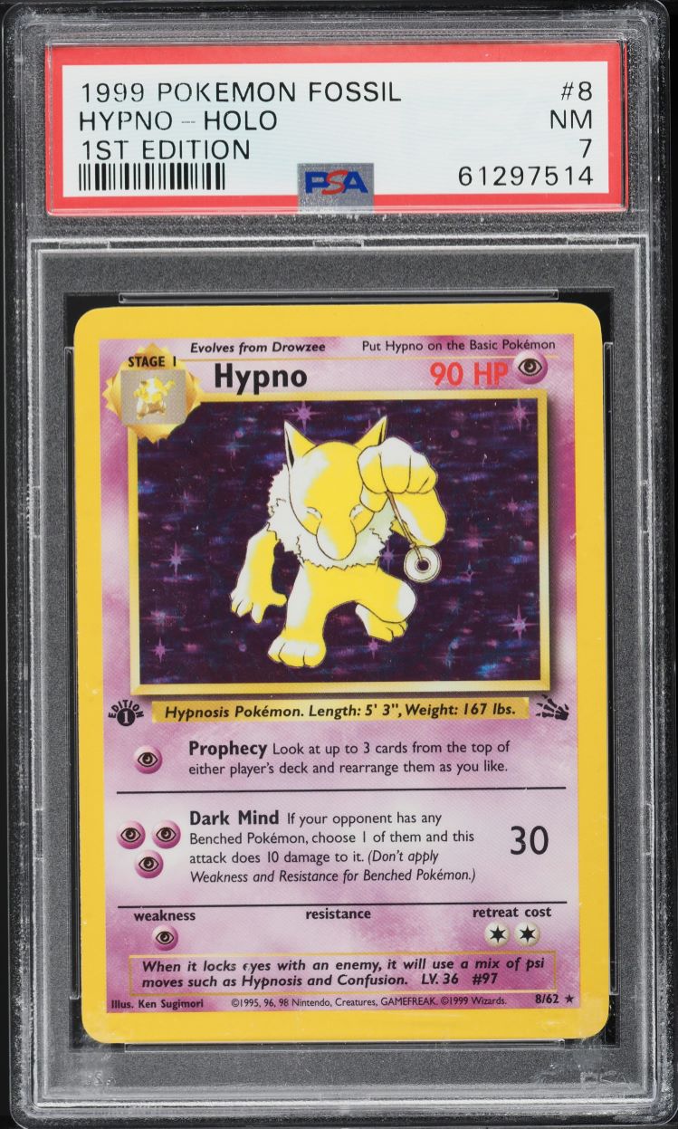 1999 Pokemon Fossil 1st Edition Holo Hypno #8 PSA 7 NRMT