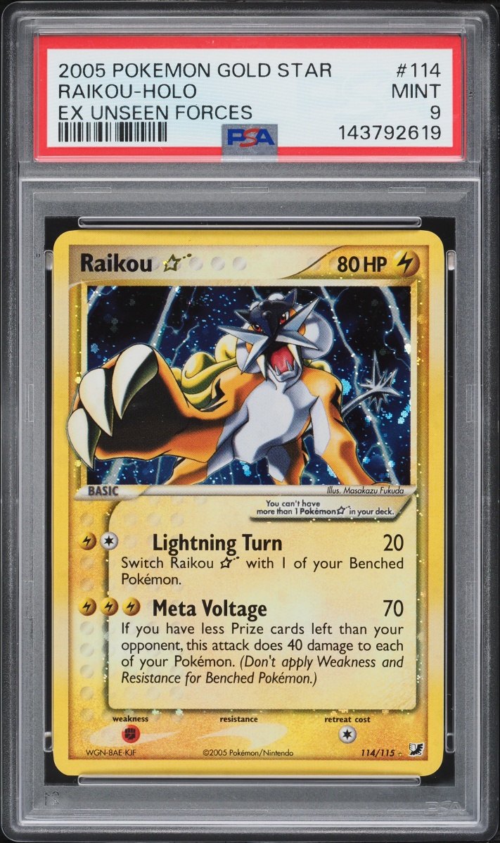2005 Pokemon EX Unseen Forces Holo Raikou Gold Star #114 PSA 9 MINT