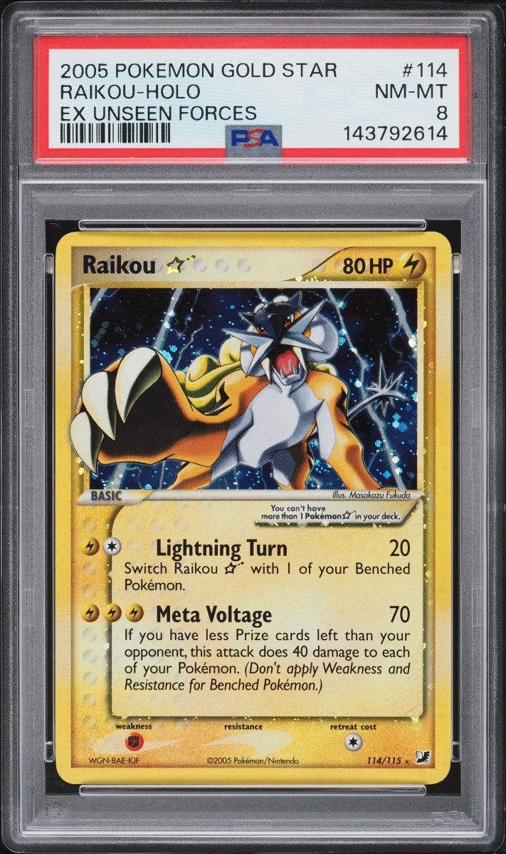 2005 Pokemon EX Unseen Forces Holo Raikou Gold Star #114 PSA 8 NM-MT