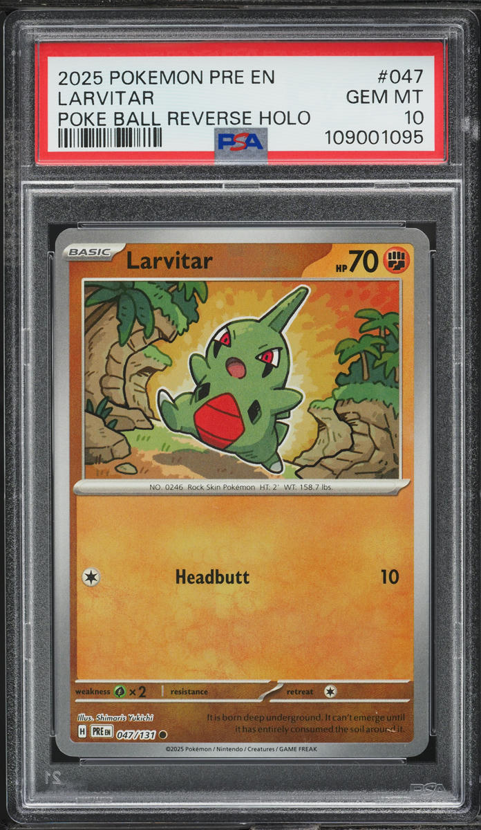 2025 Pokemon SV Prismatic Evolutions Poke Ball Reverse Holo Larvitar #47 PSA 10