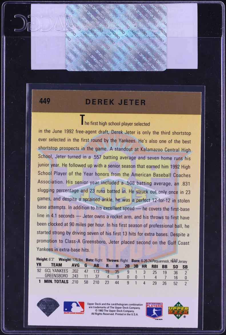 1993 Upper Deck Top Prospect Derek Jeter ROOKIE #449 CGC AUTH