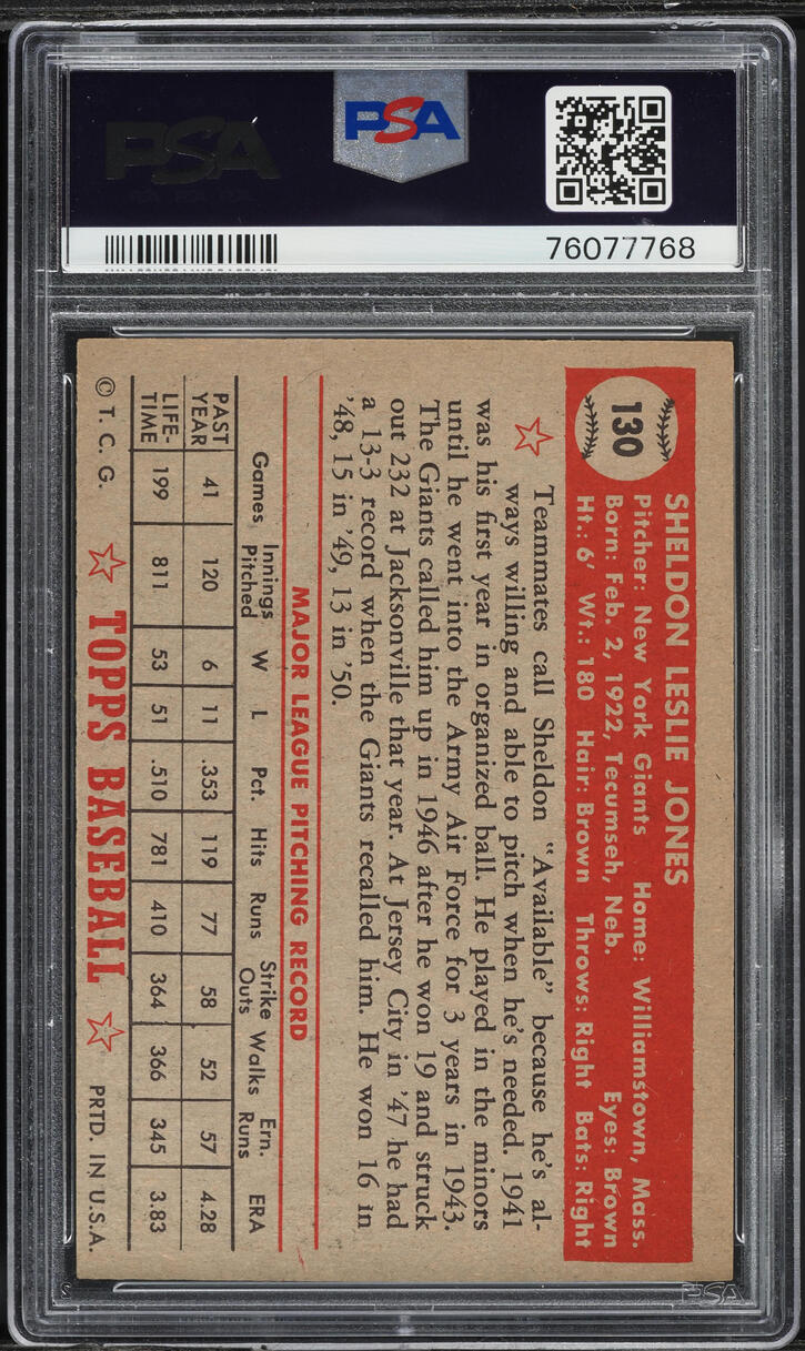 1952 Topps Sheldon Jones #130 PSA 7 NRMT