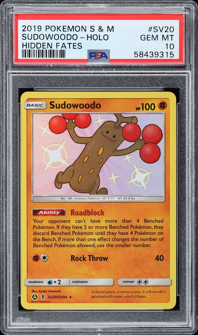 2019 Pokemon Sun & Moon Hidden Fates Holo Sudowoodo #SV20 PSA 10 GEM MINT