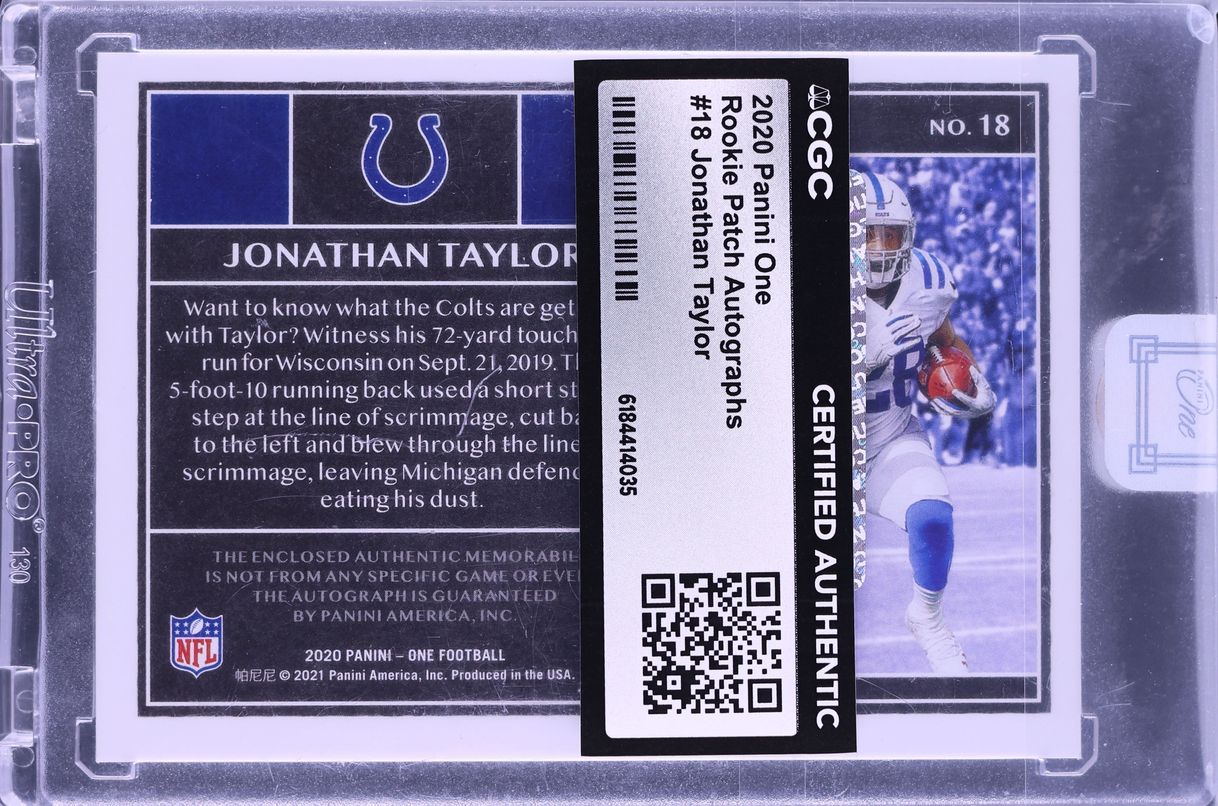 2020 Panini One Jonathan Taylor ROOKIE PATCH AUTO /199 #18 CGC AUTH