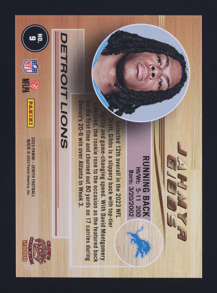 2023 Panini Zenith Pacific Revolution Jahmyr Gibbs ROOKIE 9 MBA AUTH