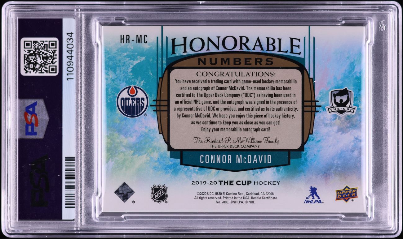 2019 Upper Deck The Cup Honorable Numbers Connor McDavid PATCH AUTO 7/7 PSA 8