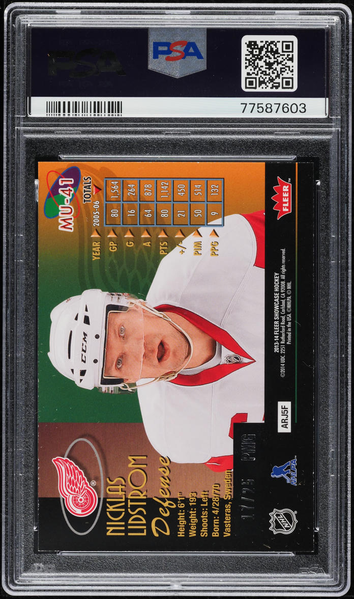 2013 Fleer Showcase Precious Metal Gems PMG Blue Nicklas Lidstrom /25 PSA 8