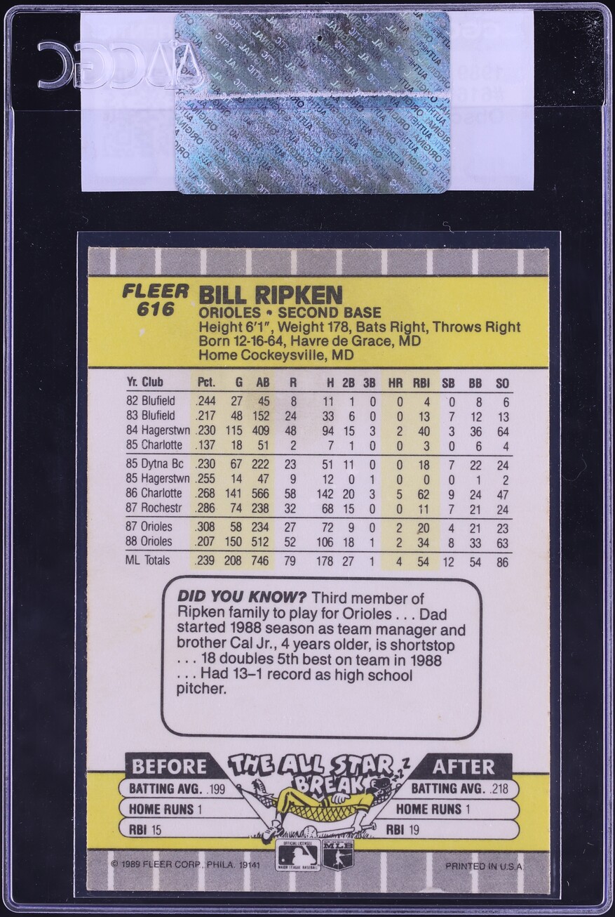 1989 Fleer Bill Ripken ROOKIE, FF ERROR #616 CGC AUTH