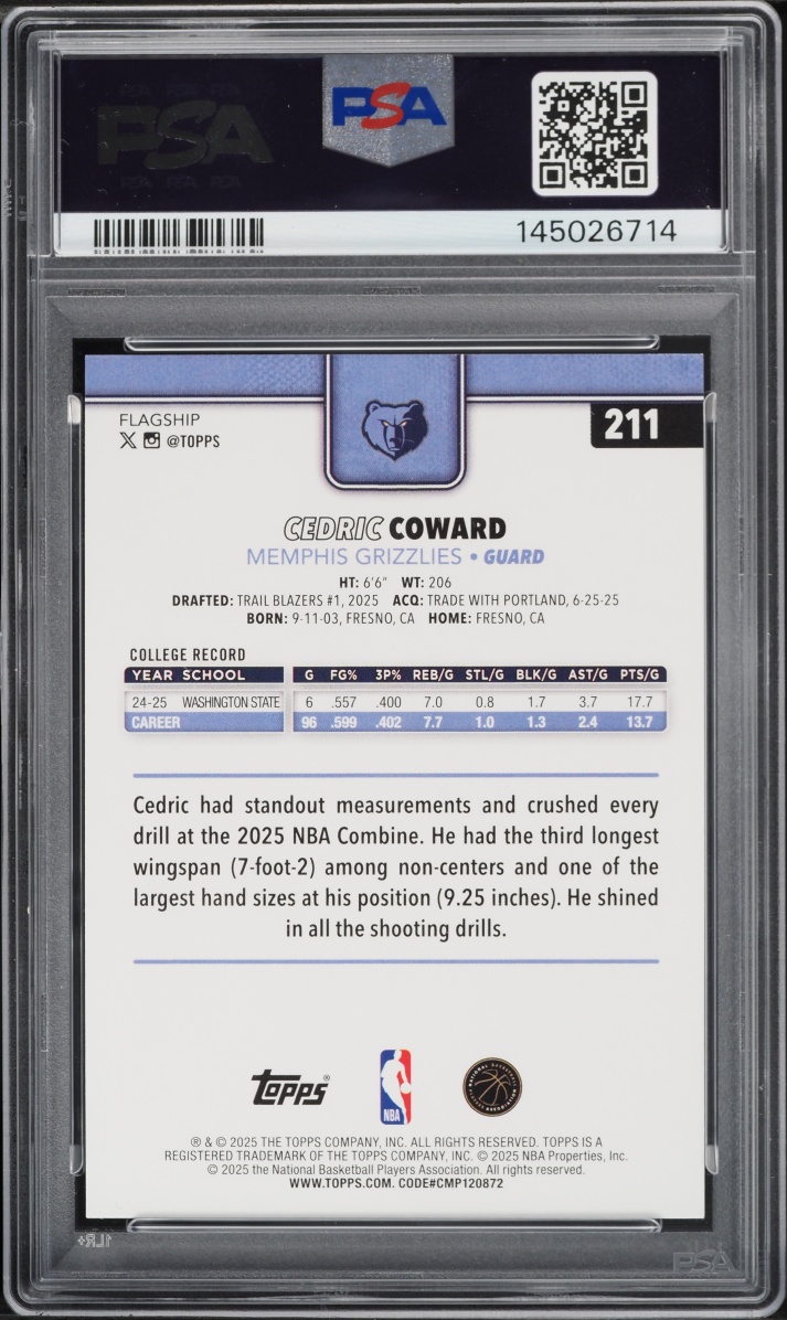 2025 Topps Basketball Cedric Coward ROOKIE #211 PSA 10 GEM MINT