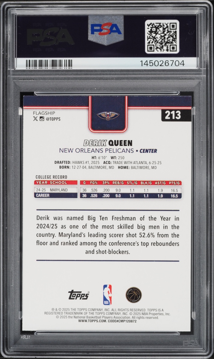 2025 Topps Basketball Derik Queen ROOKIE #213 PSA 9 MINT