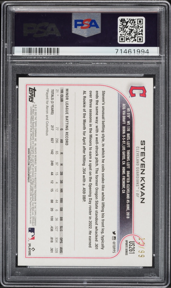 2022 Topps Update Vintage Stock Steven Kwan ROOKIE /99 #US261 PSA 10 GEM MINT