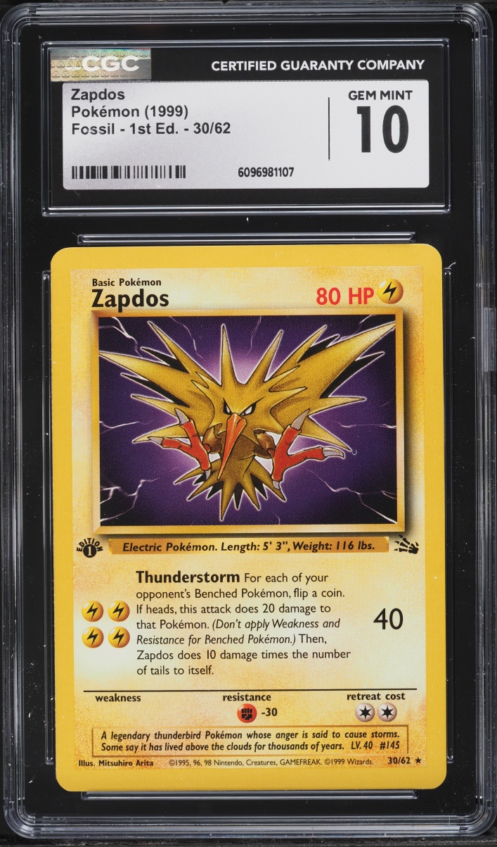 1999 Pokemon Fossil 1st Edition Zapdos #30 CGC 10 GEM MINT