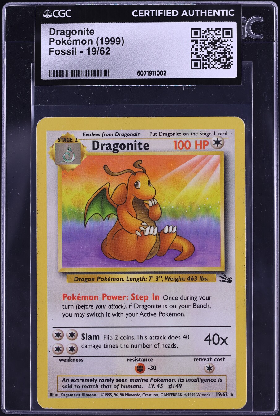 1999 Pokemon Fossil Dragonite #19 CGC AUTH