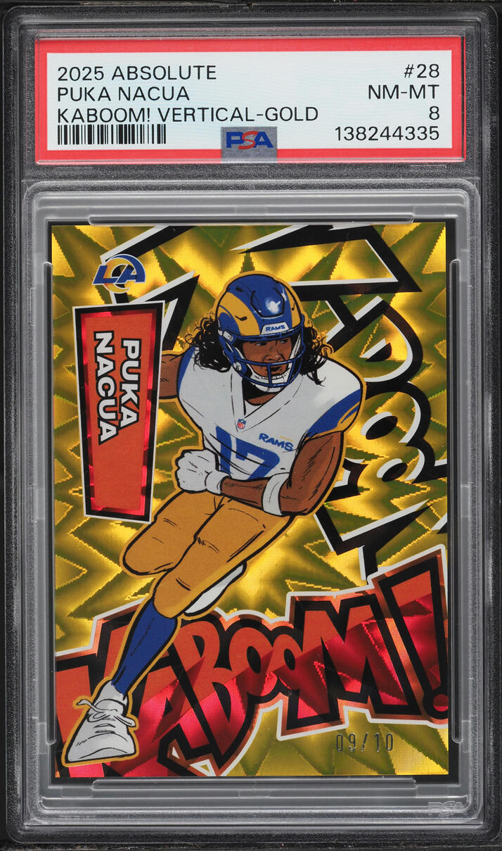 2025 Absolute Kaboom Vertical Gold Puka Nacua /10 #28 PSA 8 NM-MT