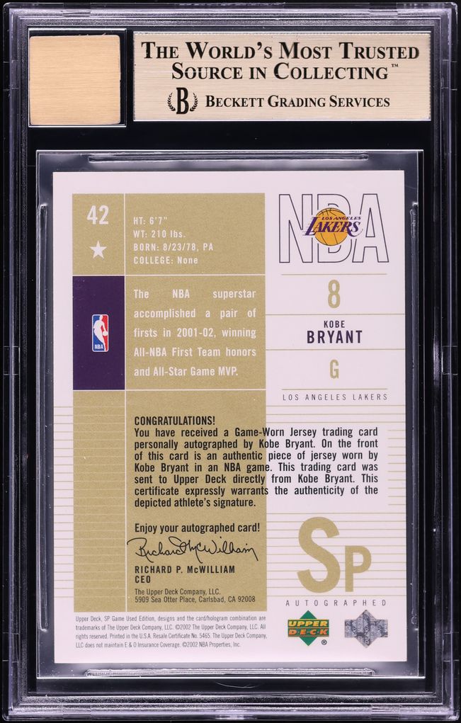 2002 SP Game Used Jersey Kobe Bryant PATCH AUTO /25 #42 BGS 9.5 GEM MINT - Photo 2