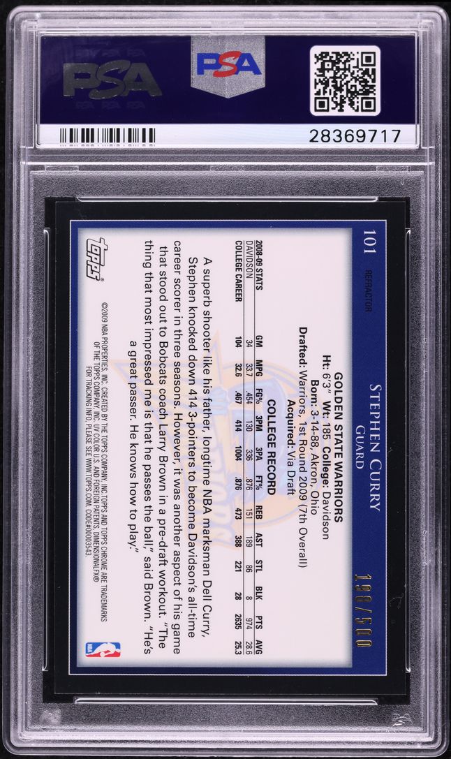 2009 Topps Chrome Refractor Stephen Curry ROOKIE /500 #101 PSA 10 GEM MINT