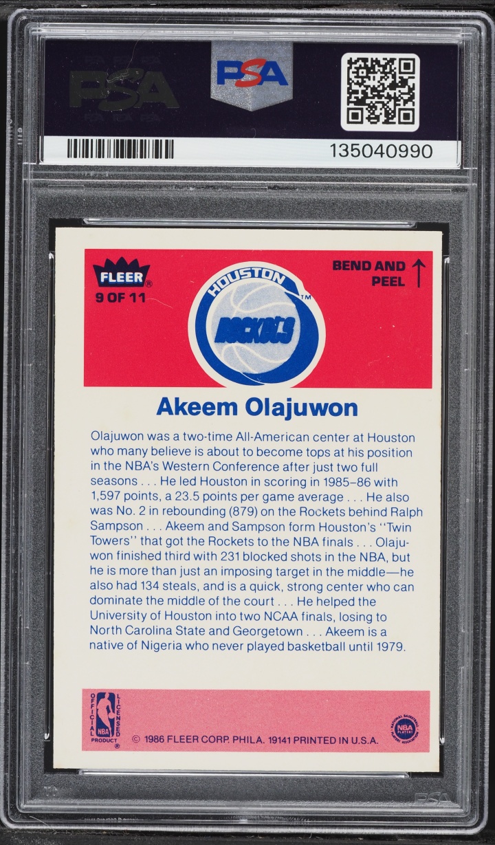 1986 Fleer Sticker Basketball Hakeem Olajuwon ROOKIE #9 PSA 6 EXMT