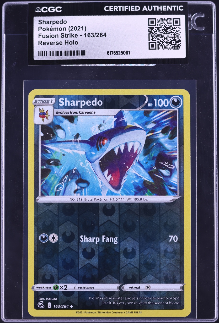 2021 Pokemon Sword & Shield Fusion Strike Reverse Holo Sharpedo #163 CGC AUTH
