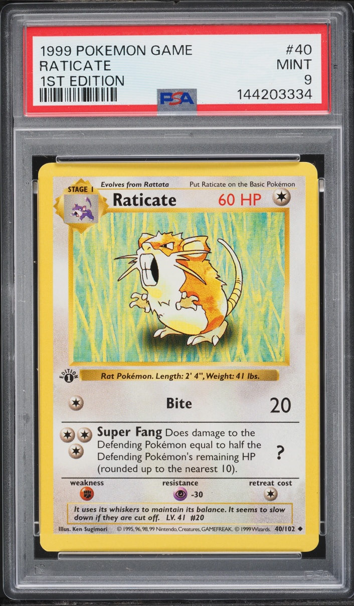 1999 Pokemon Base Set Holo Shadowless 1st Edition Raticate #40 PSA 9 MINT