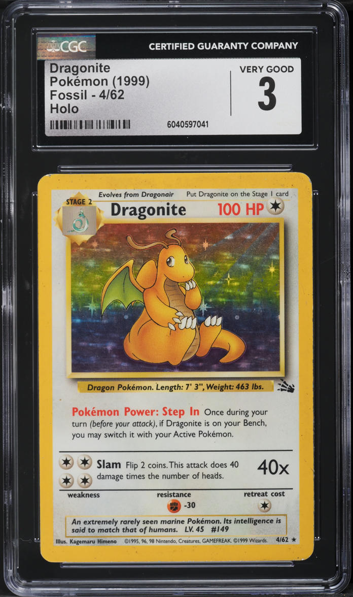 1999 Pokemon Fossil Holo Dragonite #4 CGC 3 VG