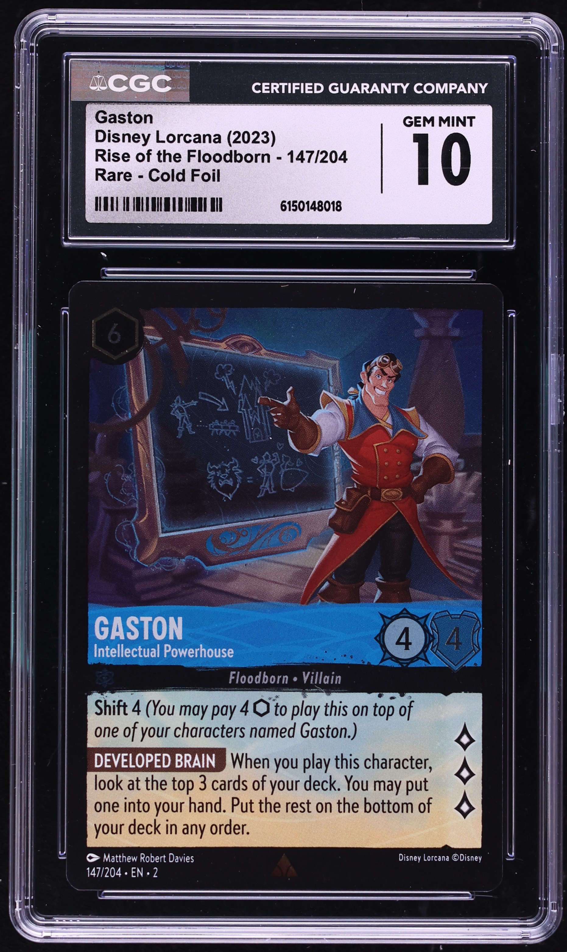 2023 Disney Lorcana Rise Of The Floodborn Cold Foil Gaston Intellectual Powerhouse #147 CGC 10