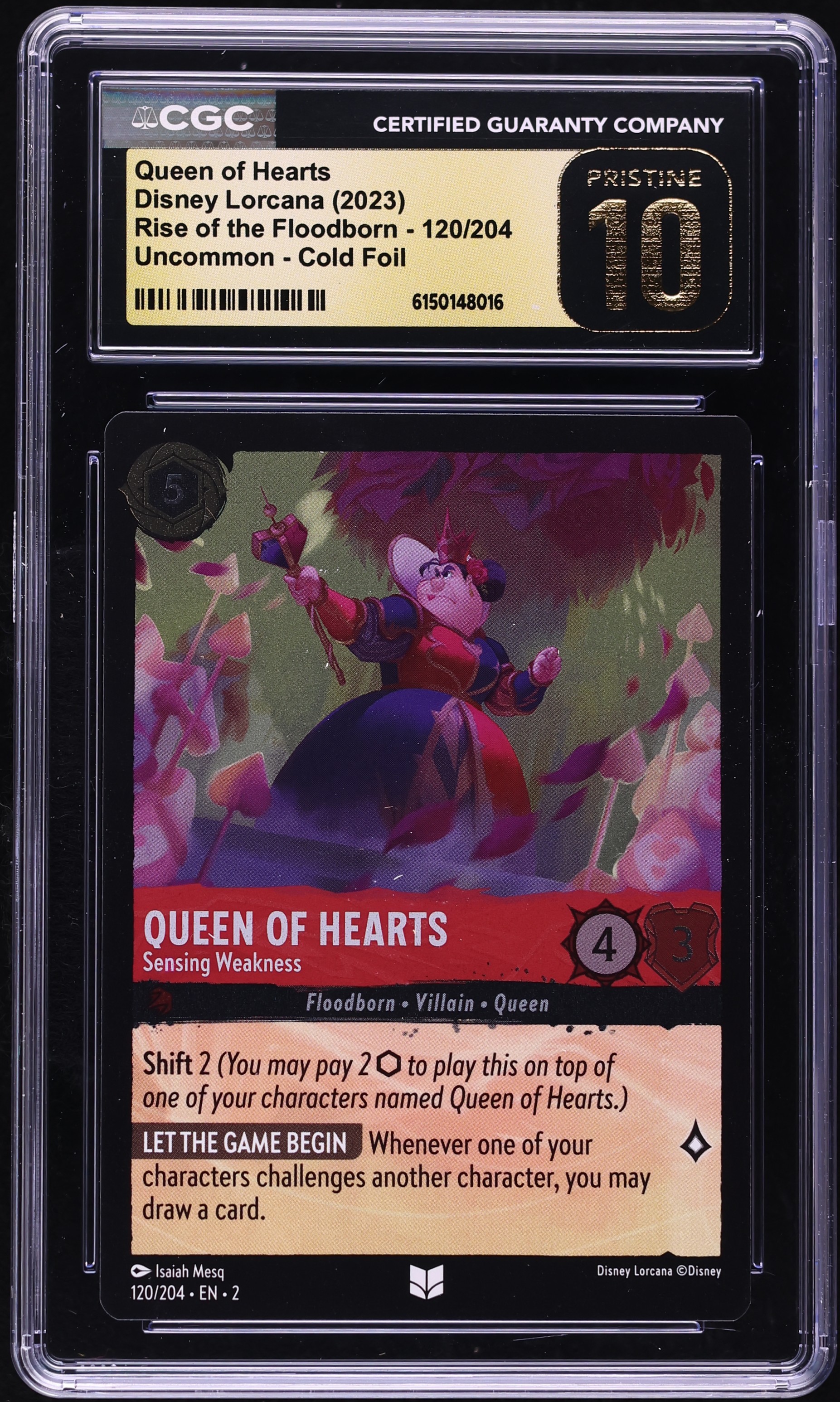 2023 Disney Lorcana Rise Floodborn Cold Foil Queen Of Hearts Sensing Weakness CGC 10 PRISTINE