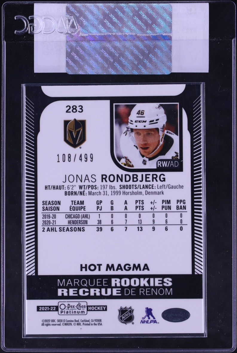 2021 O-Pee-Chee Platinum Hot Magma Jonas Rondbjerg ROOKIE /499 #283 CGC AUTH