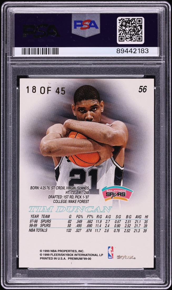 1999 Skybox Premium Star Rubies Tim Duncan /45 #56 PSA 7 NRMT - Photo 2