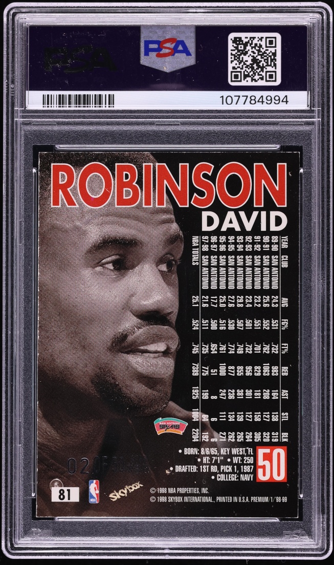 1998 Skybox Premium Star Rubies David Robinson /50 #81 PSA 6 EXMT - Photo 2