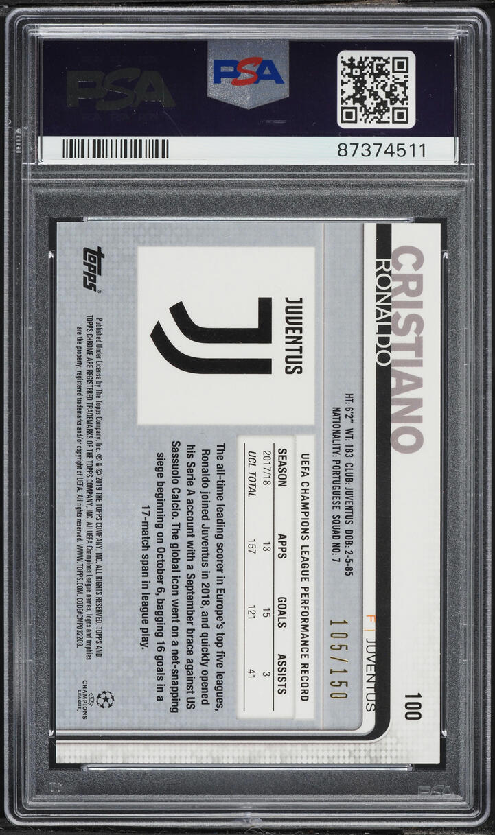 2018 Topps Chrome UEFA Champions League Blue Refractor Cristiano Ronaldo /150 #100 PSA 10 GEM