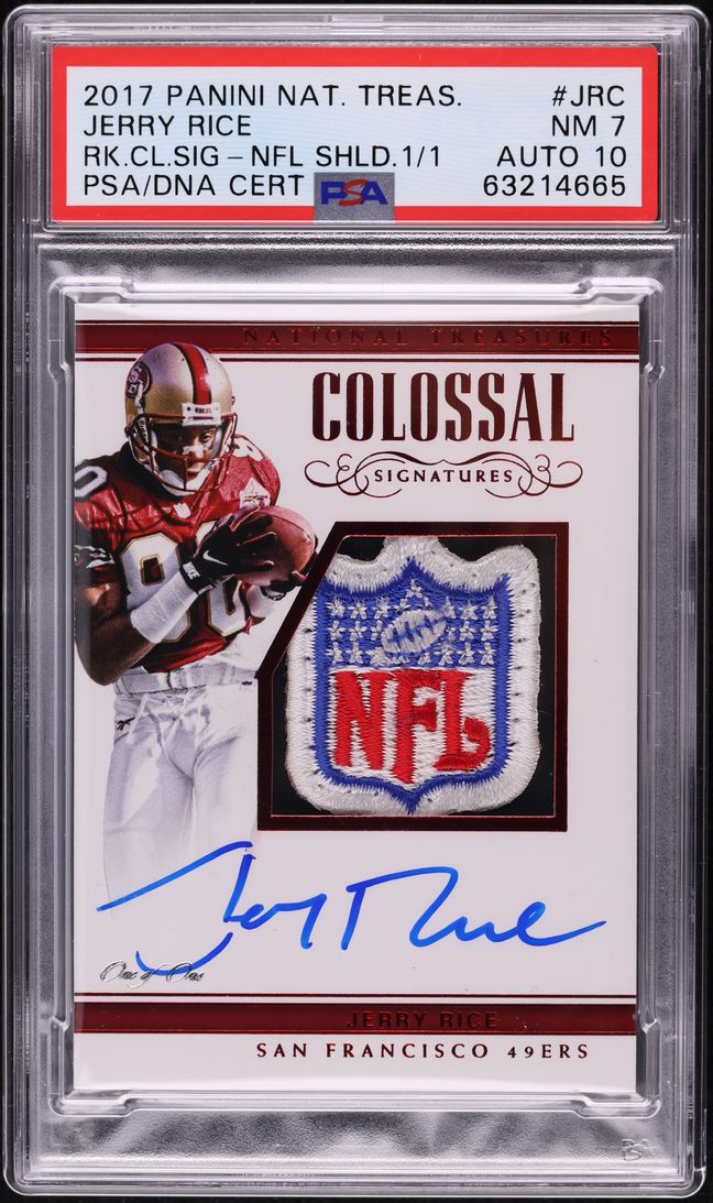 2017 National Treasures Colossal Jerry Rice SHIELD PATCH AUTO DNA 10 1/1 PSA 7