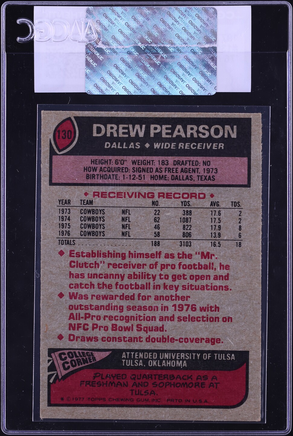 1977 Topps Football Drew Pearson '76 NFC ALL-PRO #130 CGC AUTH