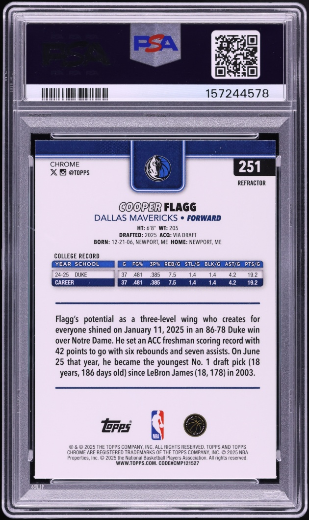 2025 Topps Chrome Refractor Cooper Flagg ROOKIE #251 PSA 8 NM-MT
