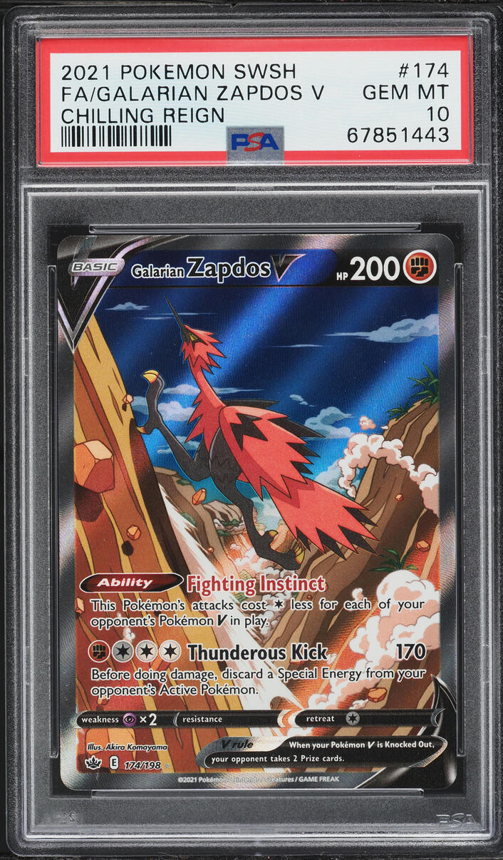 2021 Pokemon Sword & Shield Chilling Reign Full Art Galarian Zapdos V #174 PSA 10 GEM MINT