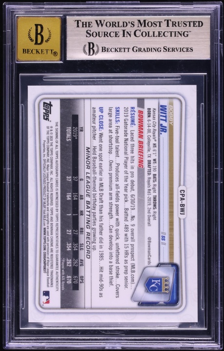 2020 Bowman Chrome Gold Refractor Bobby Witt Jr. PROSPECT AUTO /50 #CPA-BWJ BGS 9.5 GEM MINT - Photo 2