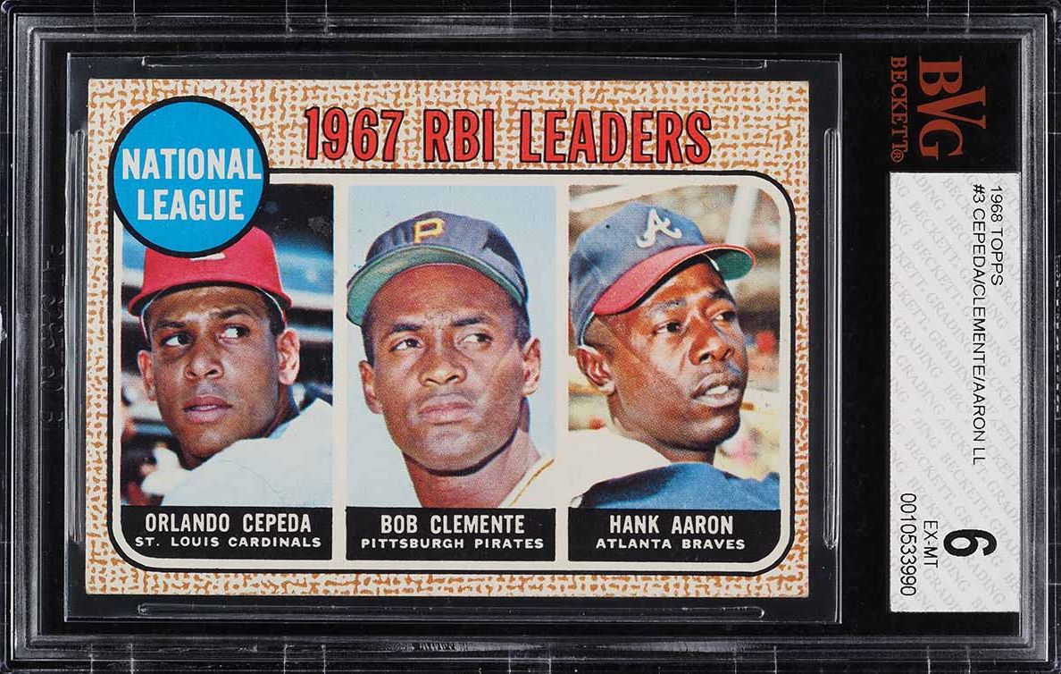 1968 Topps Orlando Cepeda Roberto Clemente Hank Aaron NL RBI LDRS #3 BVG 6 EXMT