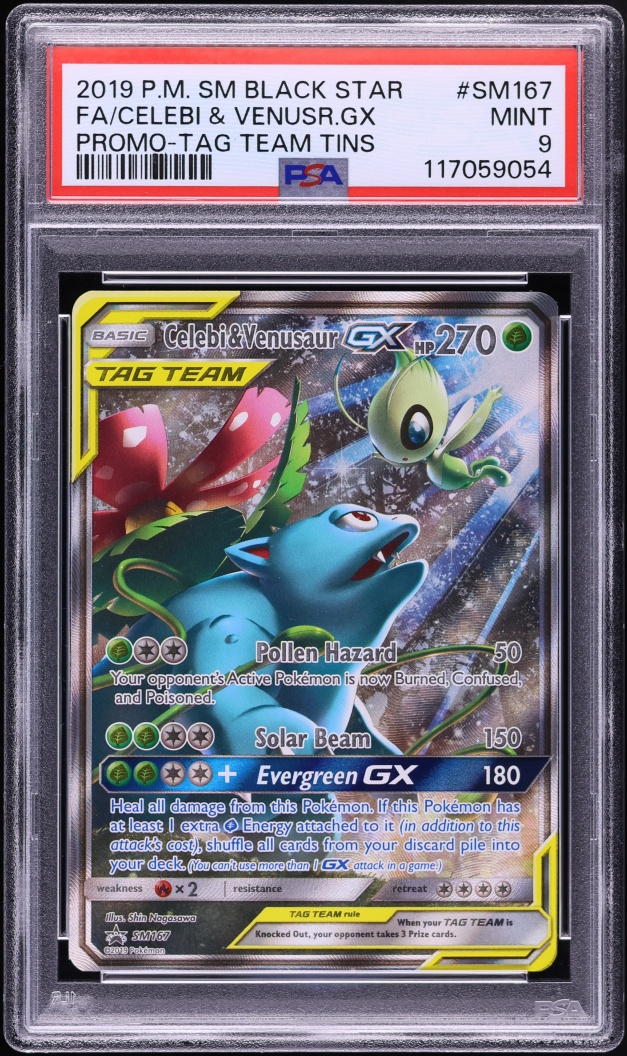 2019 Pokemon Sun & Moon Promo Tag Team Tin Full Art Celebi & Venusaur GX #SM167 PSA 9 MINT