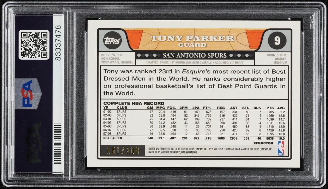2008 Topps Chrome Xfractor Tony Parker /288 #9 PSA 10 GEM MINT