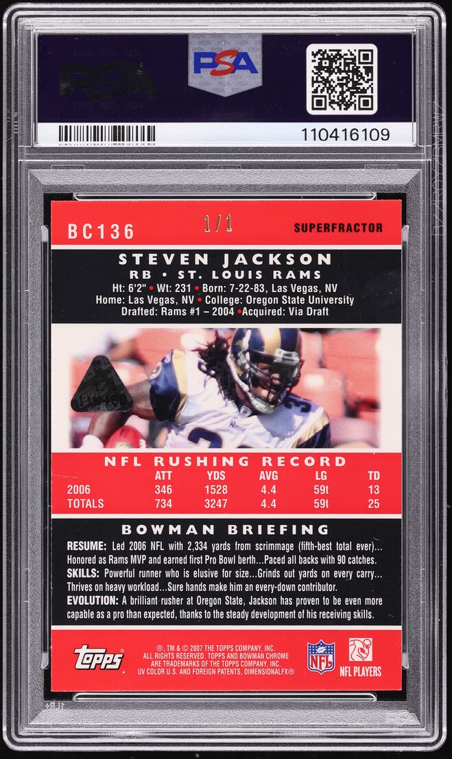 2007 Bowman Chrome Superfractor Steven Jackson 1/1 #BC136 PSA 10 GEM MINT - Photo 2