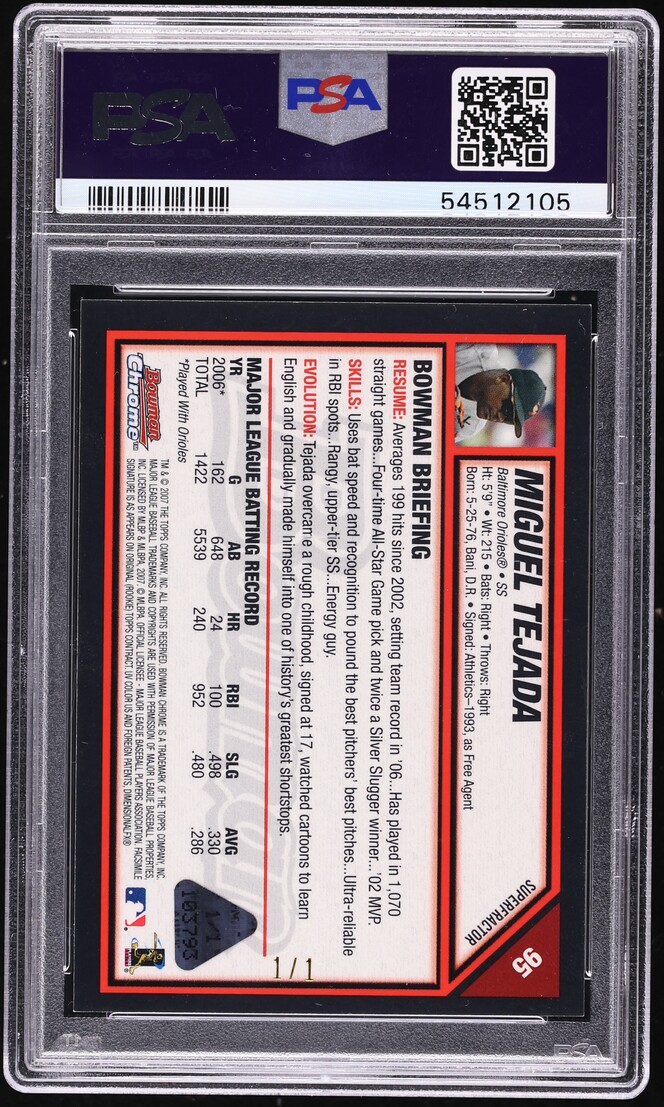 2007 Bowman Chrome Superfractor Miguel Tejada 1/1 #95 PSA 8 NM-MT - Photo 2