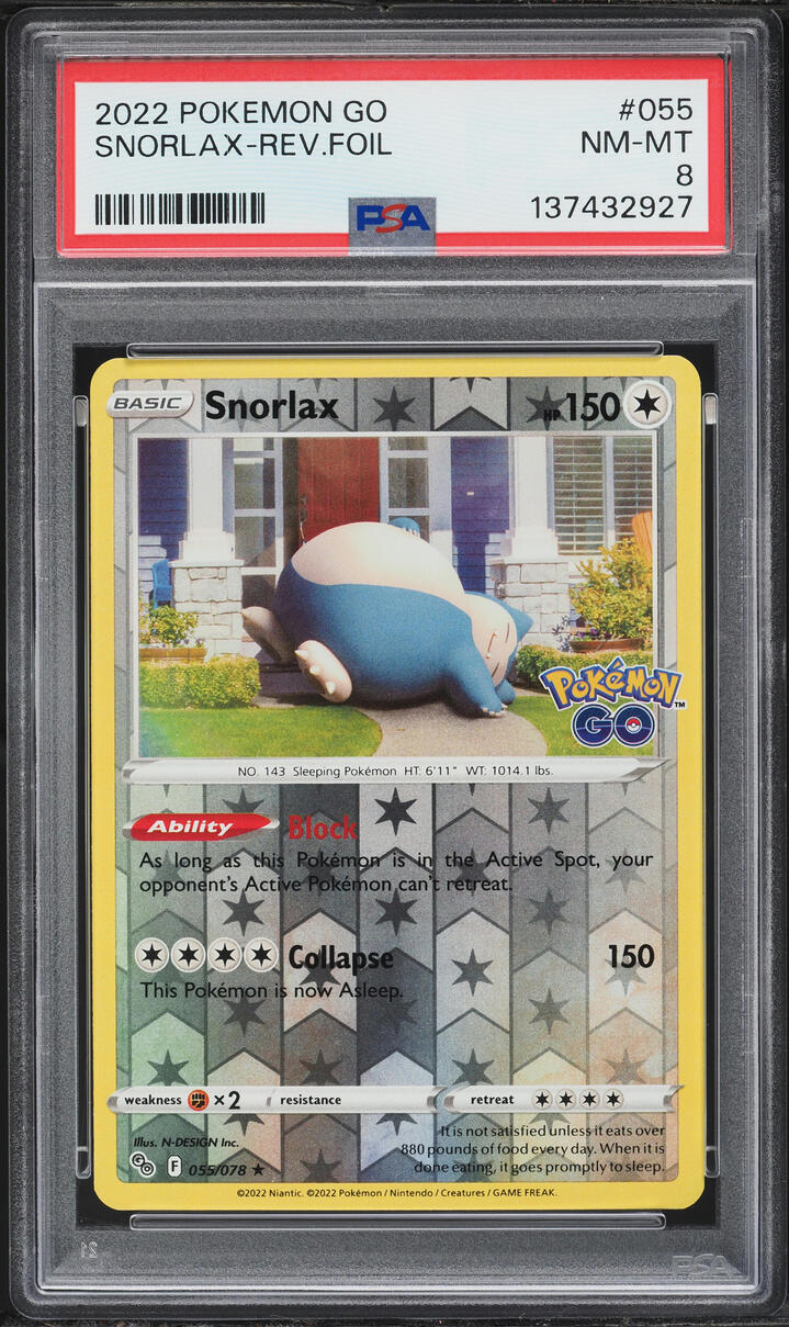2022 Pokemon Sword & Shield Pokemon Go Reverse Holo Snorlax #55 PSA 8 NM-MT