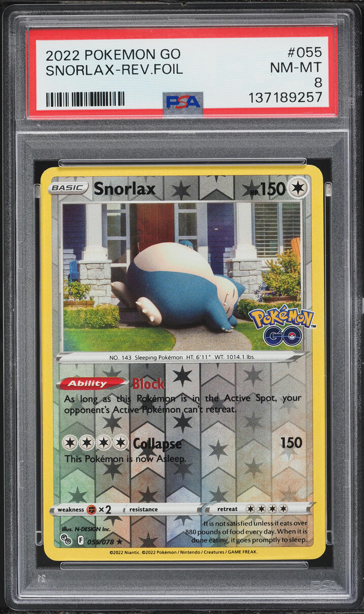2022 Pokemon Sword & Shield Pokemon GO Reverse Holo Snorlax #055 PSA 8 NM-MT