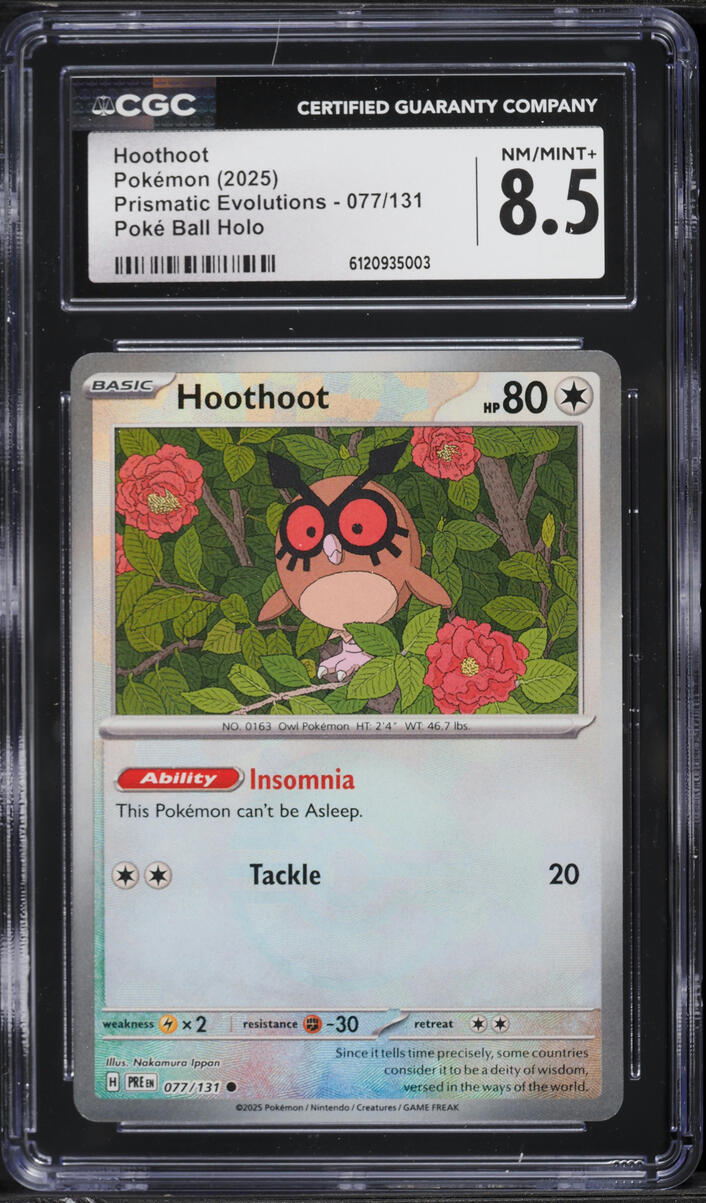 2025 Pokemon Scarlet & Violet Prismatic Evolutions Poke Ball Holo Hoothoot #77 CGC 8.5 NM-MT+
