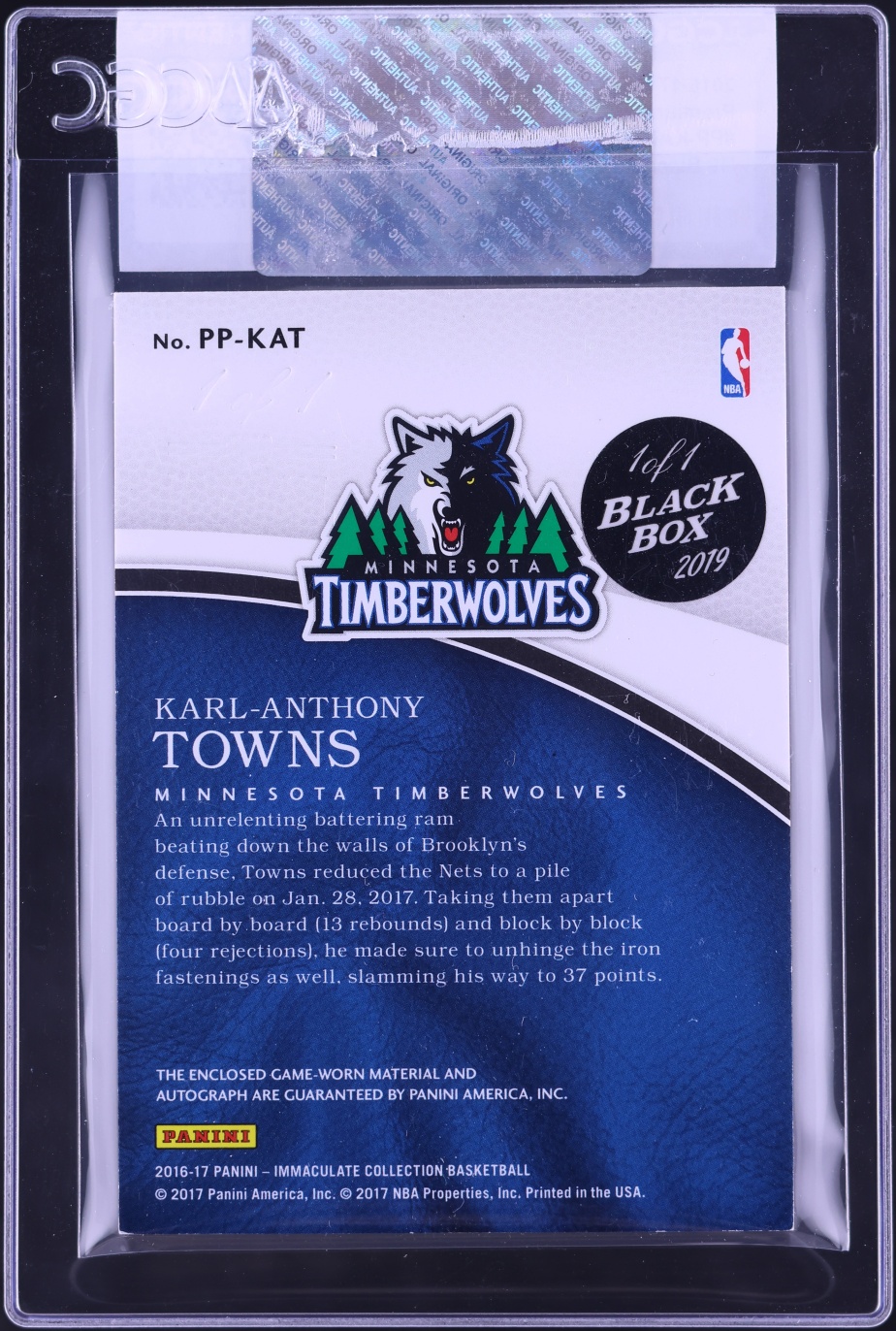 2016 Immaculate Collection Premium '19 Black Box Karl-Anthony Towns PATCH AUTO 1/1 CGC AUTH